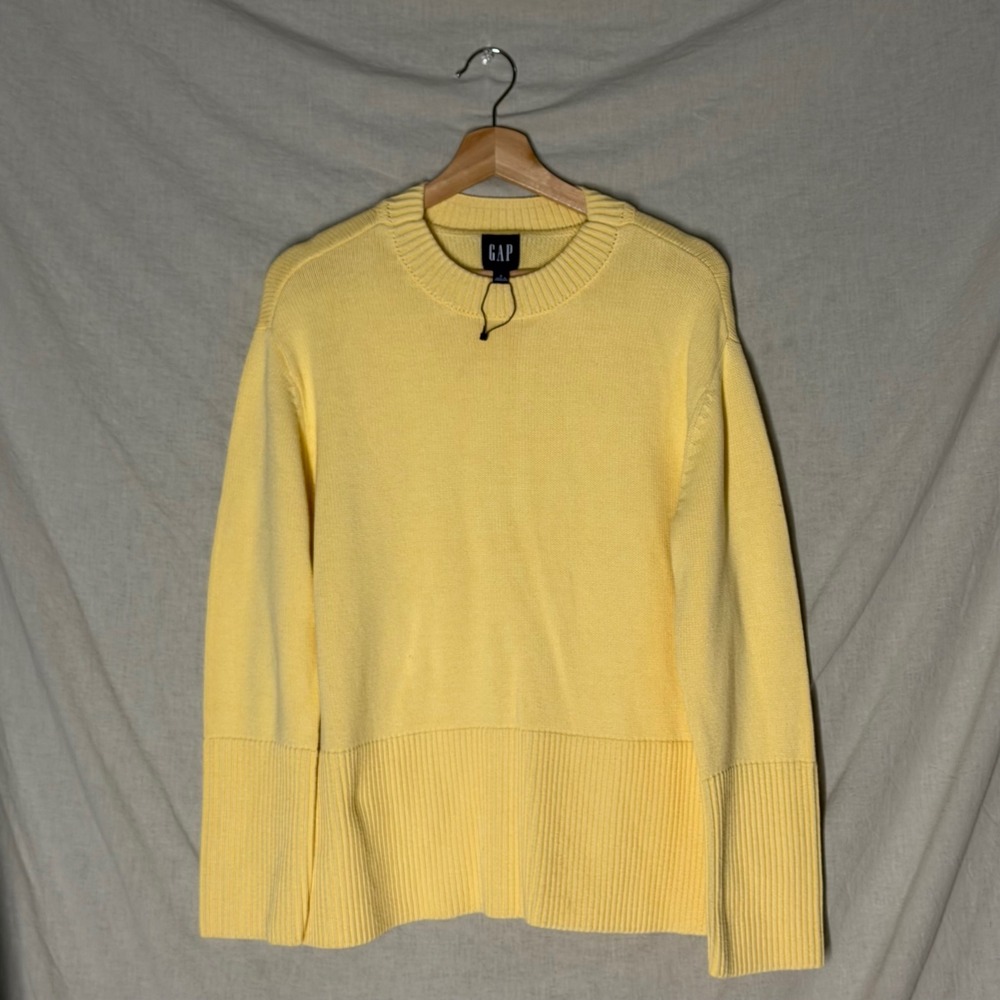 Gap Yellow Cotton Crewneck Sweater Ribbed Side Slit Women's S - Picture 2 of 9